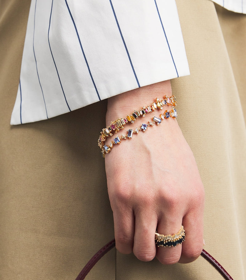 Suzanne Kalan Bold Burst tennis bracelet with diamonds and rainbow sapphires, imported from the UK