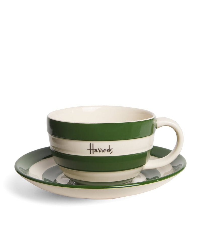 Harrods green stripe cup and saucer set, fine bone china - British product