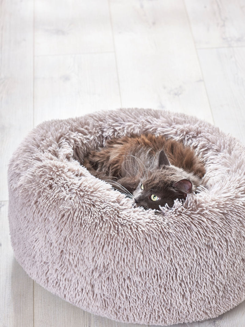Grey round faux fur pet bed 100% polyester, UK version