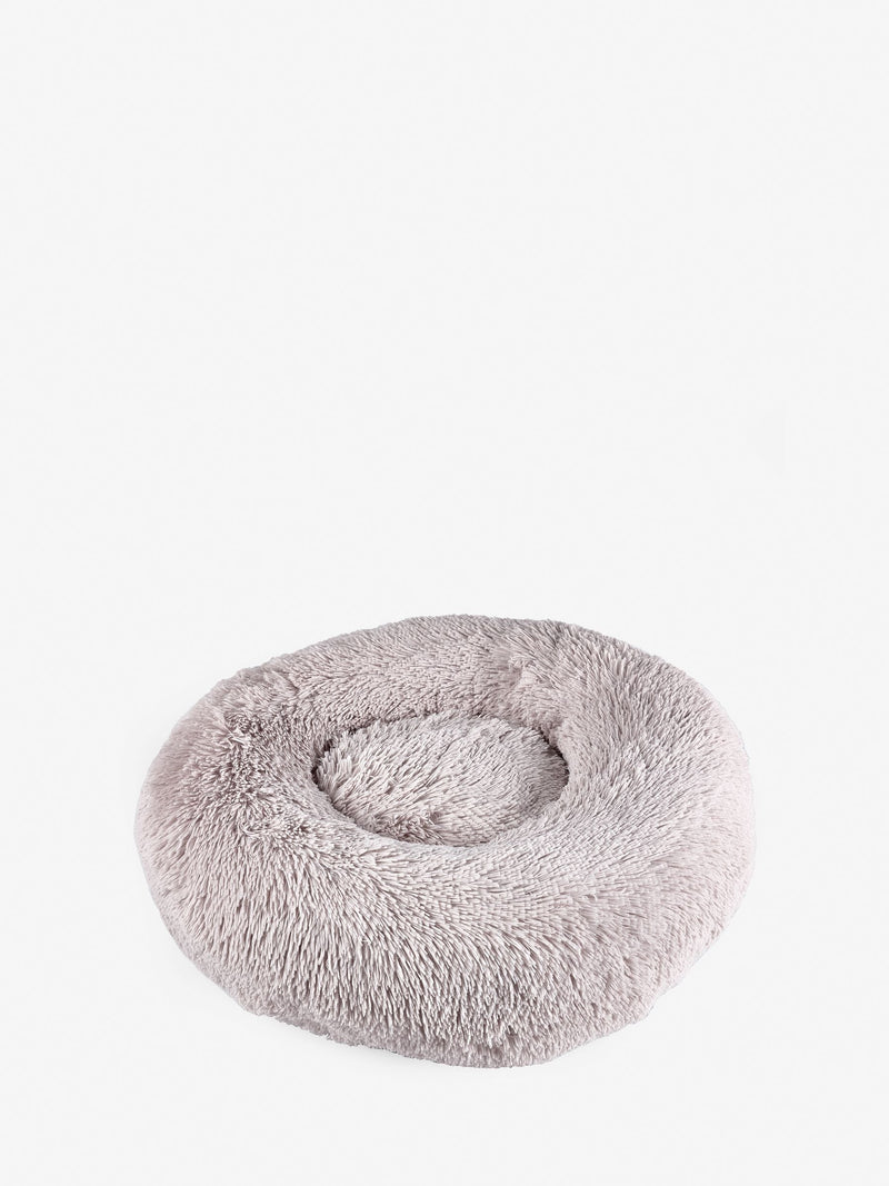 Grey round faux fur pet bed 100% polyester, UK version