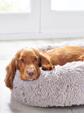Grey round faux fur pet bed 100% polyester, UK version
