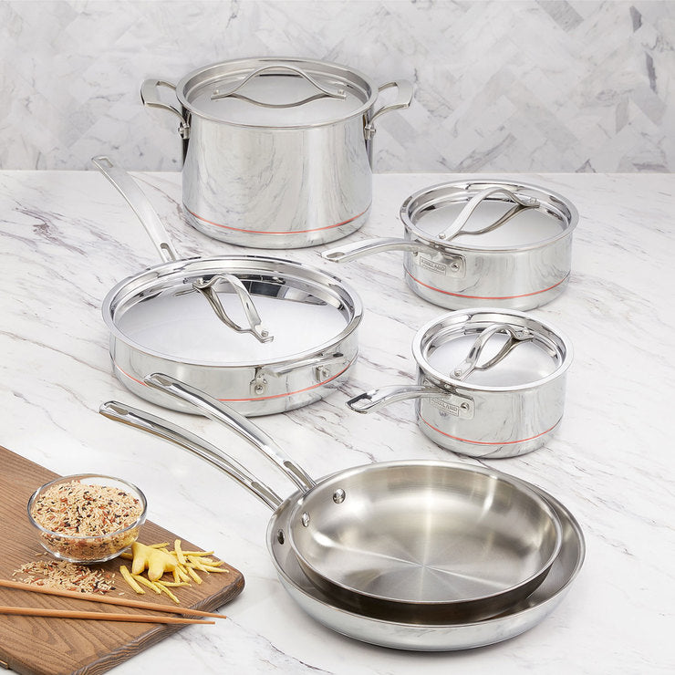 Kirkland Signature 10-piece stainless steel cookware set, imported from the UK