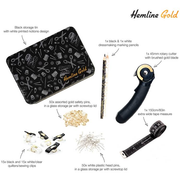 Hemline Gold sewing accessories set in tin - British product
