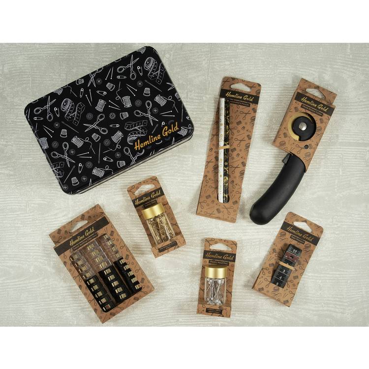 Hemline Gold sewing accessories set in tin - British product