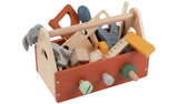 Chad Valley brown wooden tool box with 20 pieces, UK version