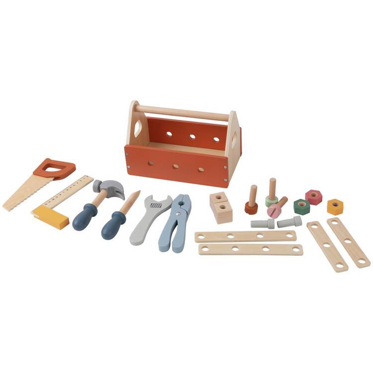 Chad Valley brown wooden tool box with 20 pieces, UK version