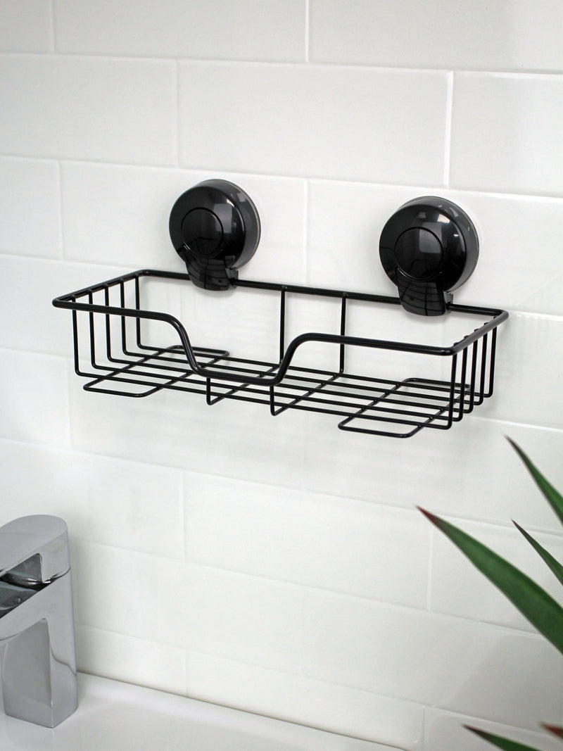 Showerdrape Black Suctionloc Rectangular Wall Mounted Basket 12x27.5x13.5cm (British brand)