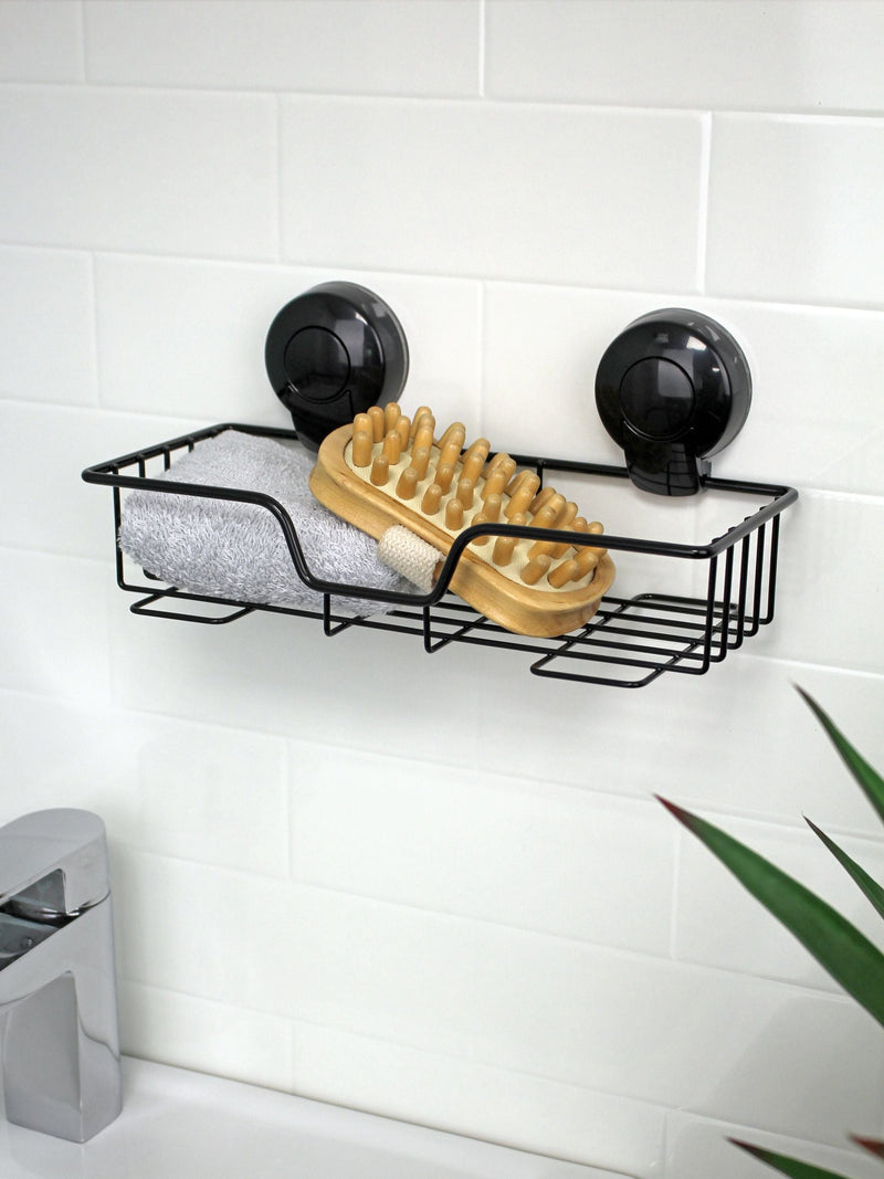 Showerdrape Black Suctionloc Rectangular Wall Mounted Basket 12x27.5x13.5cm (British brand)