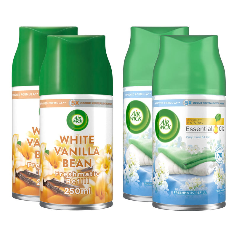 Air Wick air freshener refill White Vanilla Bean and Crisp Linen 4 x 250ml - British product