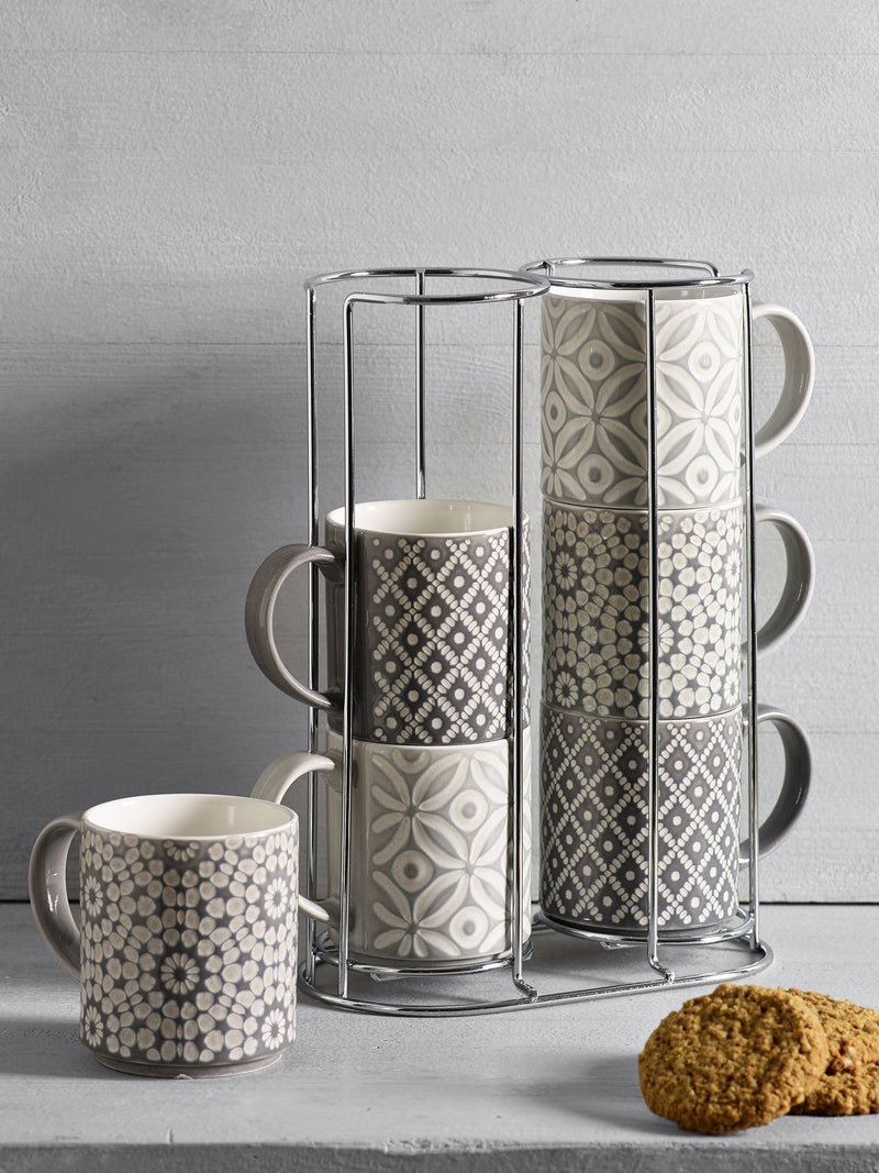 Grey geo embossed stacking mugs set of 6, UK version