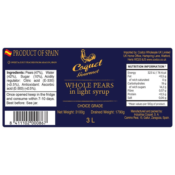 Coquet whole pears light syrup 3L tin - British product