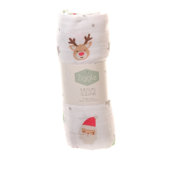 Ziggle Cotton Muslin Square Christmas Reindeer Santa Print 80cm (British brand)