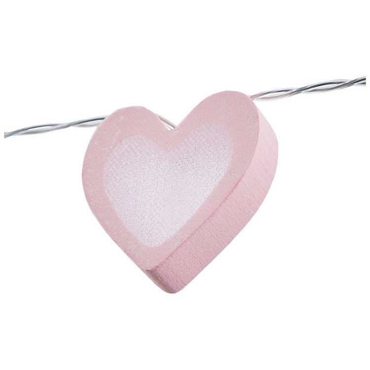 Glow heart wooden LED string lights pink 4.35m, UK version