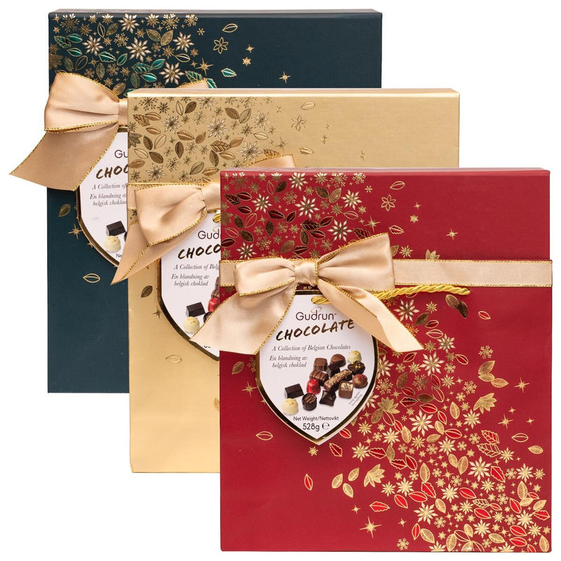 Gudrun assorted chocolate box with milk, dark, and white chocolate 530g, UK version
