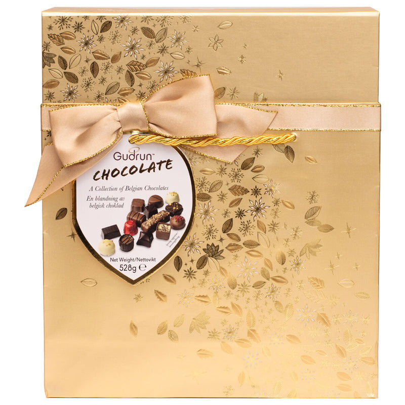 Gudrun assorted chocolate box with milk, dark, and white chocolate 530g, UK version