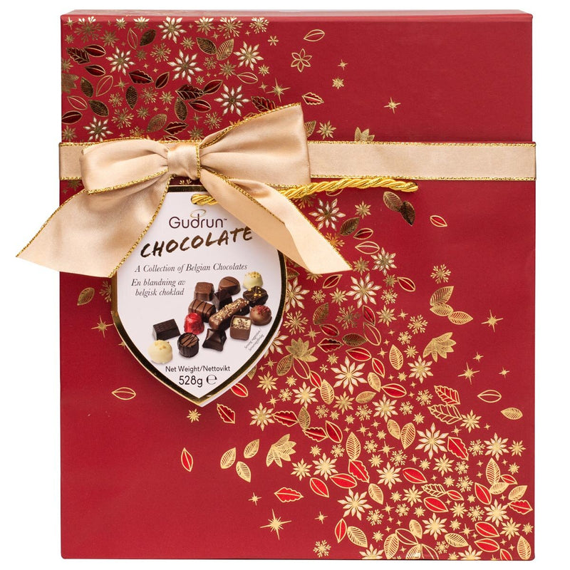 Gudrun assorted chocolate box with milk, dark, and white chocolate 530g, UK version