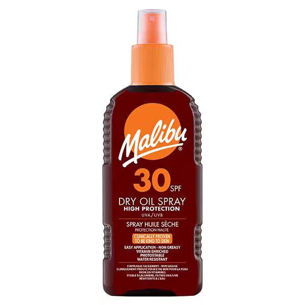 Malibu dry oil sunscreen spray SPF30 200ml, imported from the UK