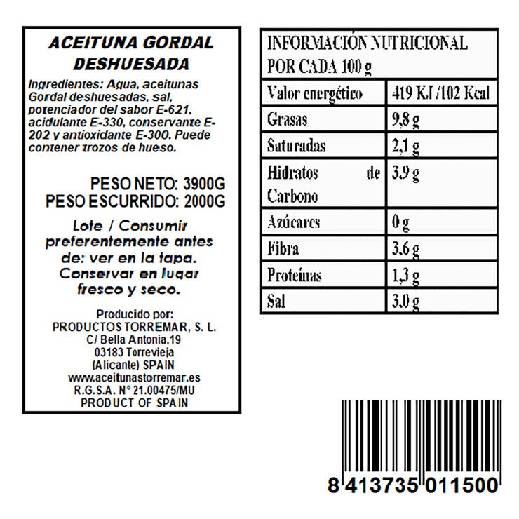 Torremar Queen Gordal Green Olives 3.9kg (British brand)