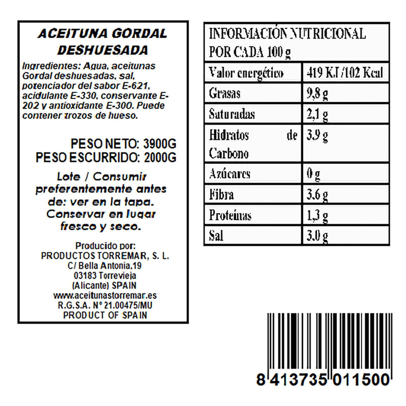 Torremar Queen Gordal Green Olives 3.9kg (British brand)