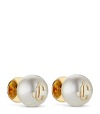 Jimmy Choo stud earrings with faux pearls and gold-tone JC logo (British brand)