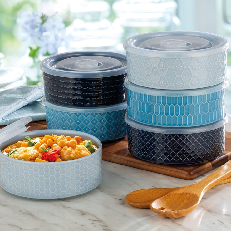 Signature Housewares stoneware bowls with lids 6-pack in white and blue (British brand)