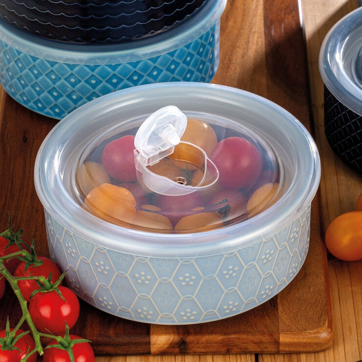 Signature Housewares stoneware bowls with lids 6-pack in white and blue (British brand)