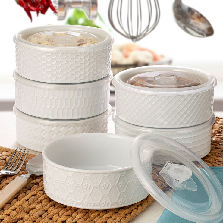 Signature Housewares stoneware bowls with lids 6-pack in white and blue (British brand)