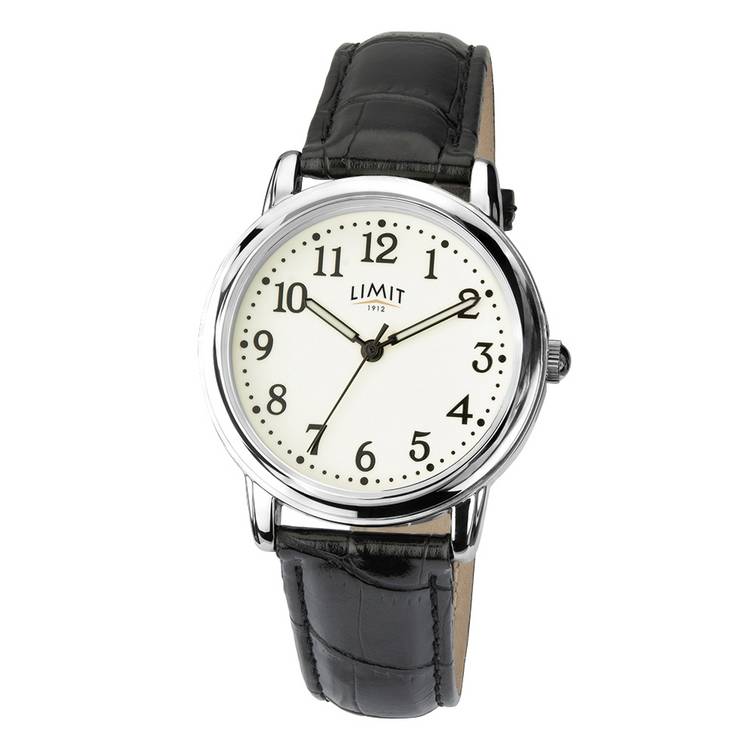 Limit men's glow dial watch with black faux leather strap - British product