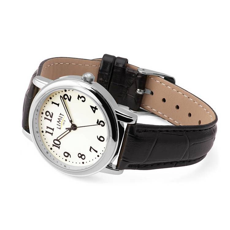 Limit men's glow dial watch with black faux leather strap - British product