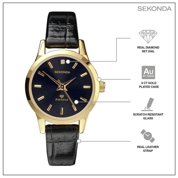 Sekonda ladies diamond black strap watch, UK version