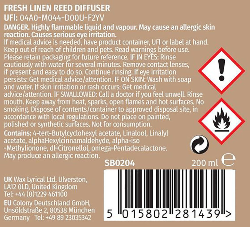 Wax Lyrical Fresh Linen reed diffuser 200ml (British brand)