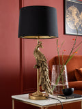 Peacock Table Lamp with antique-gold base and black shade (British brand)