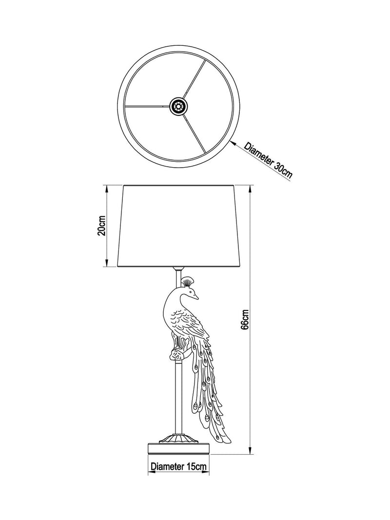 Pfauen-Tischlampe mit antik-goldener Basis und schwarzem Schirm (britische Marke)