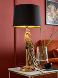 Peacock Table Lamp with antique-gold base and black shade (British brand)