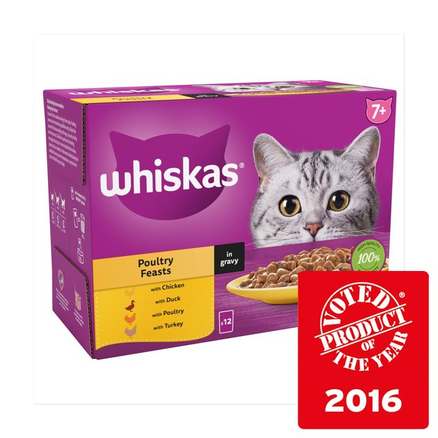 Whiskas 7+ Adult Wet Cat Food Pouches Poultry Feasts in Gravy 12 x 85g GOODS M&S