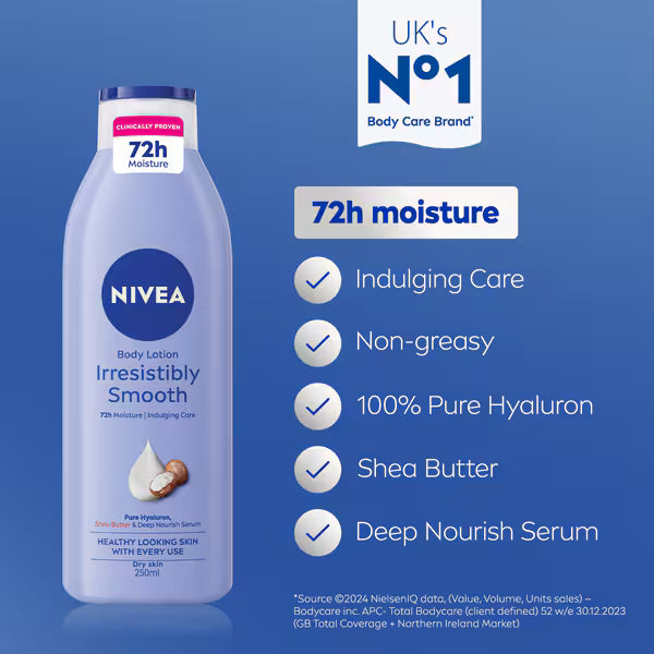 NIVEA Body Lotion Irresistibly Smooth Dry Skin 250ml, imported from the UK