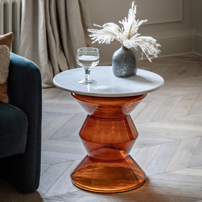 Gallery orange glass side table with white marble top 51cm, UK version