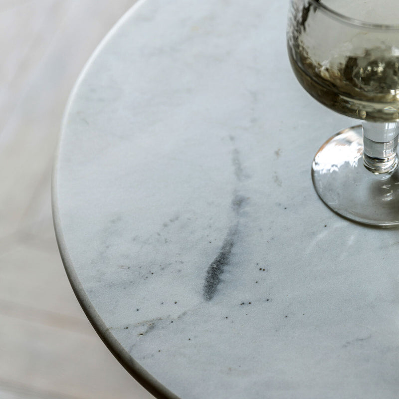 Gallery orange glass base side table with white marble top, UK version