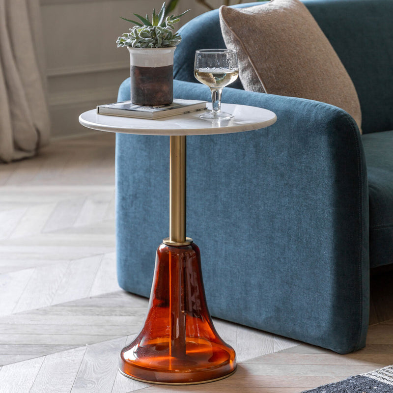 Gallery orange glass base side table with white marble top, UK version