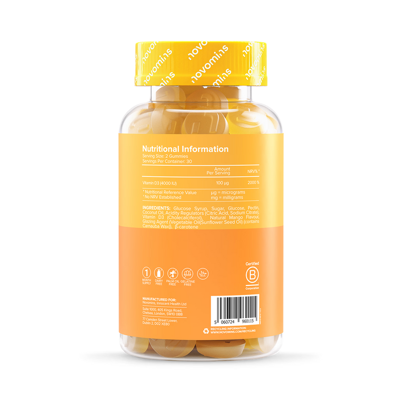 Novomins Vitamin D3 4000IU Mango Gummies 60, imported from the UK