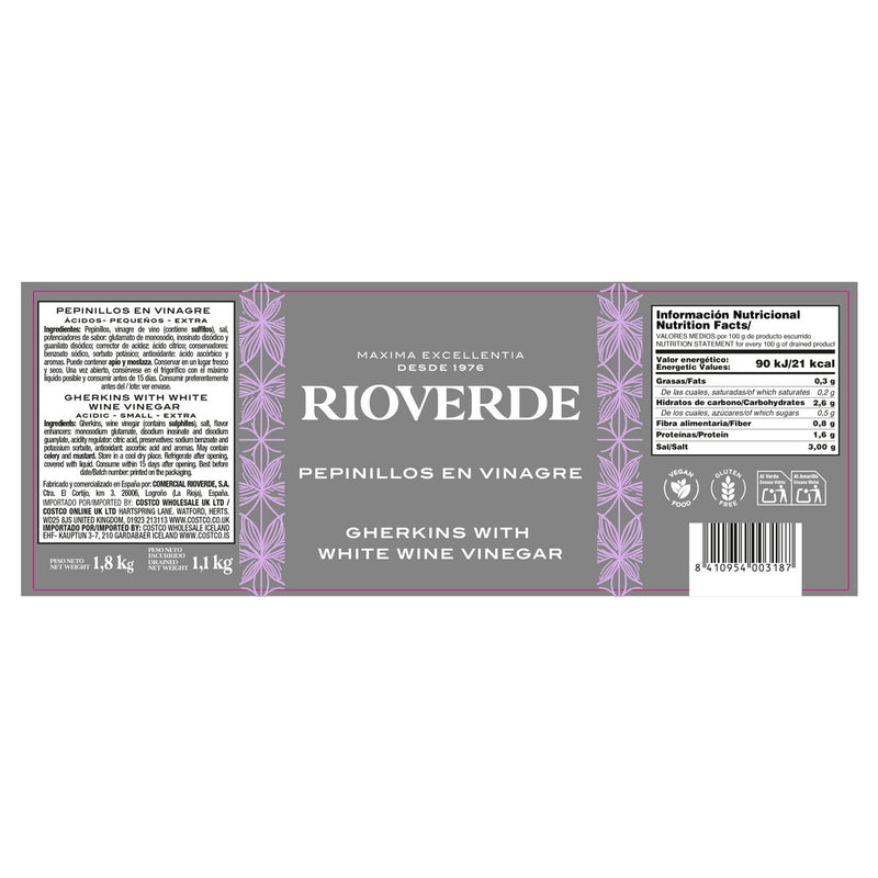 Rioverde gherkins in vinegar 1.8kg, imported from the UK