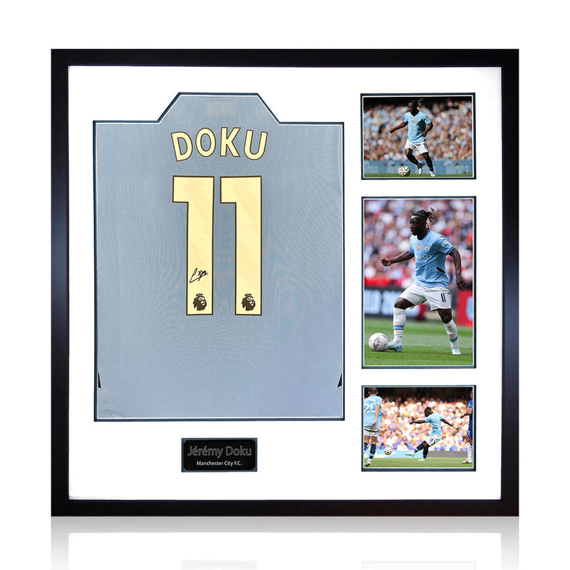 The Fan Cave Jeremy Doku signed football shirt display with photos, UK version 82x82cm