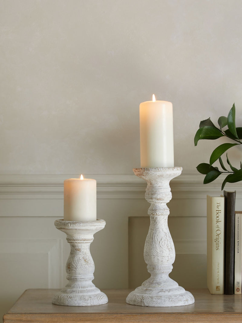 White wash pillar candle holder with included candle (British brand)