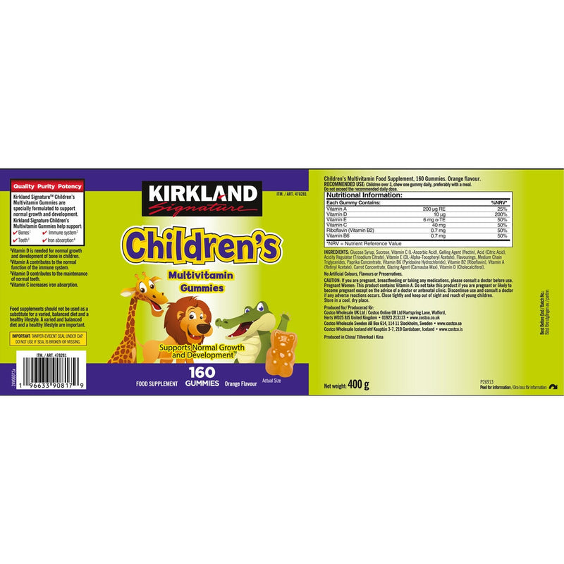 Kirkland Signature children's multi-vitamin gummies orange flavour 2 x 160 count, UK version