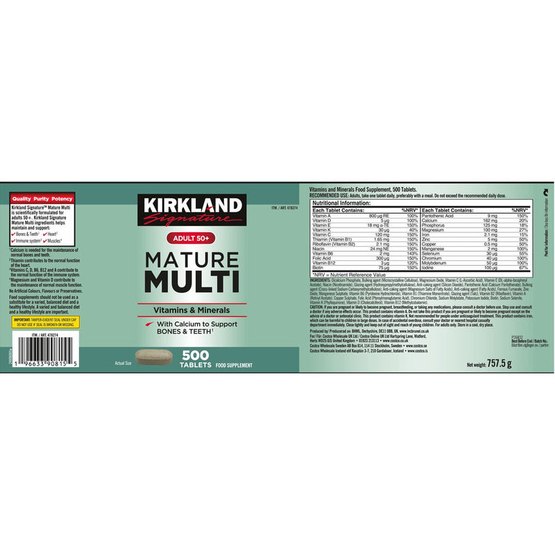 Kirkland Signature Mature Multi Vitamins 50+ 500 count, UK version