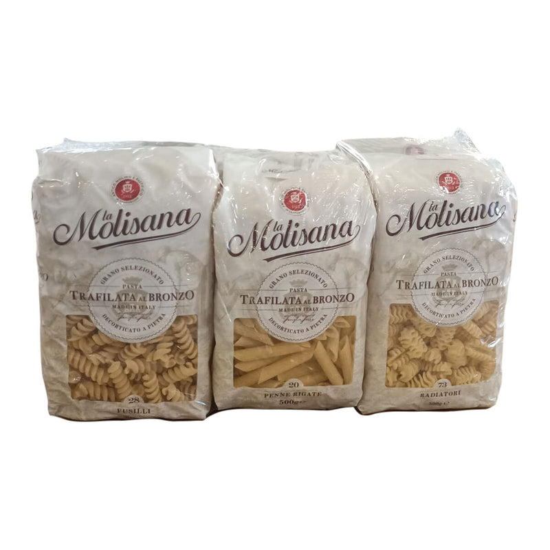 La Molisana pasta variety pack with fusilli, penne, radiatori 6 x 500g, UK version