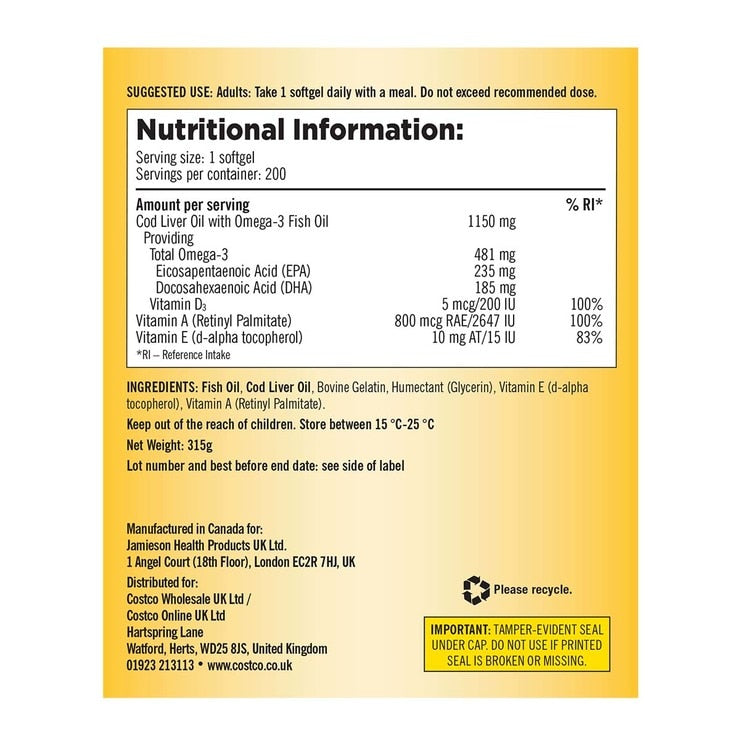 Kirkland cod liver oil omega-3 supplement 2x200 count, UK version