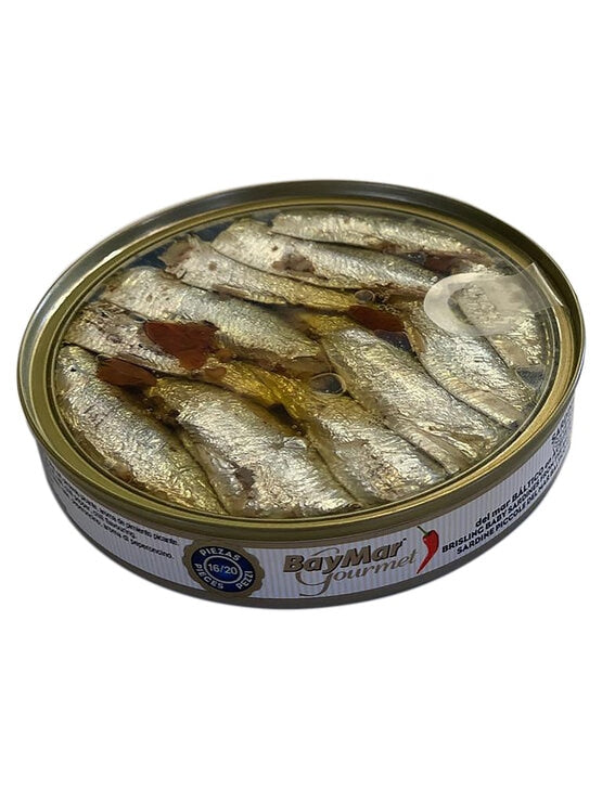 Baymar sardines in olive oil with chilli pepper, imported from the UK