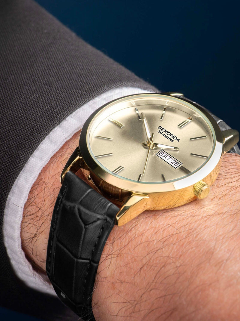 Sekonda Black Gents Watch with gold-tone dial and black leather strap, UK version