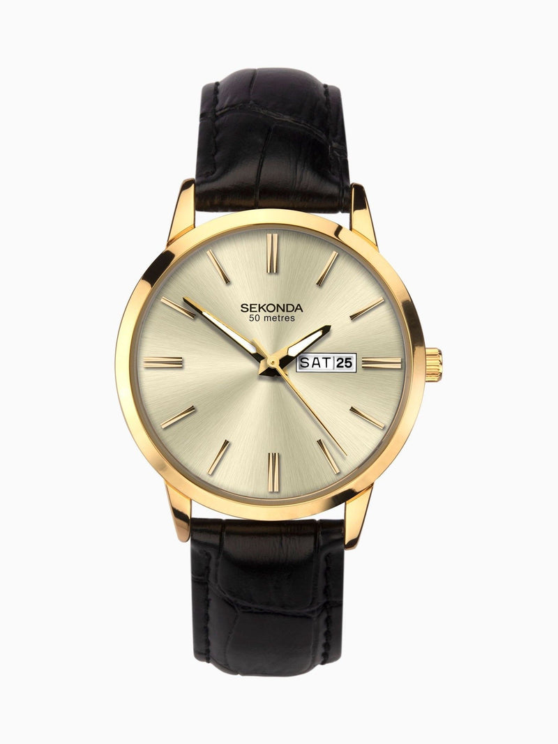 Sekonda Black Gents Watch with gold-tone dial and black leather strap, UK version